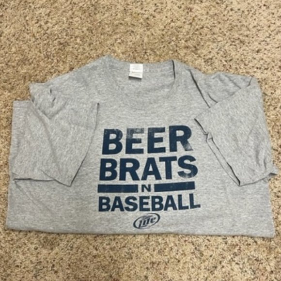 “BEER BRATS n BASEBALL” (Miller Lite) Gray Gildan T-shirt - XL - Picture 1 of 4